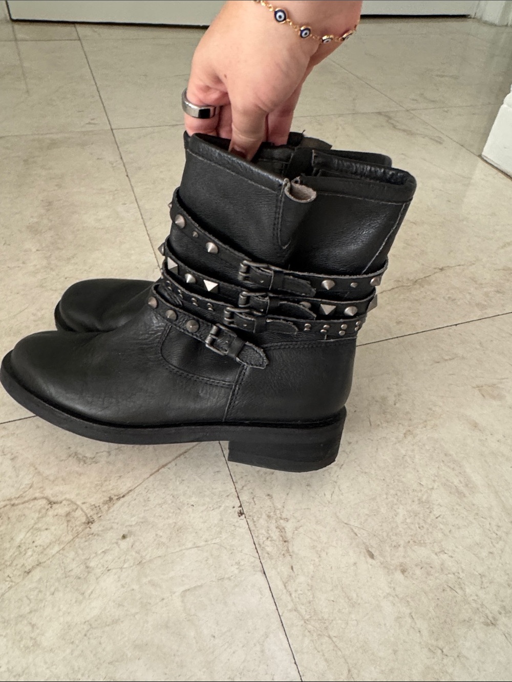 Schutz Black Studded Leather Mid-Calf Boots